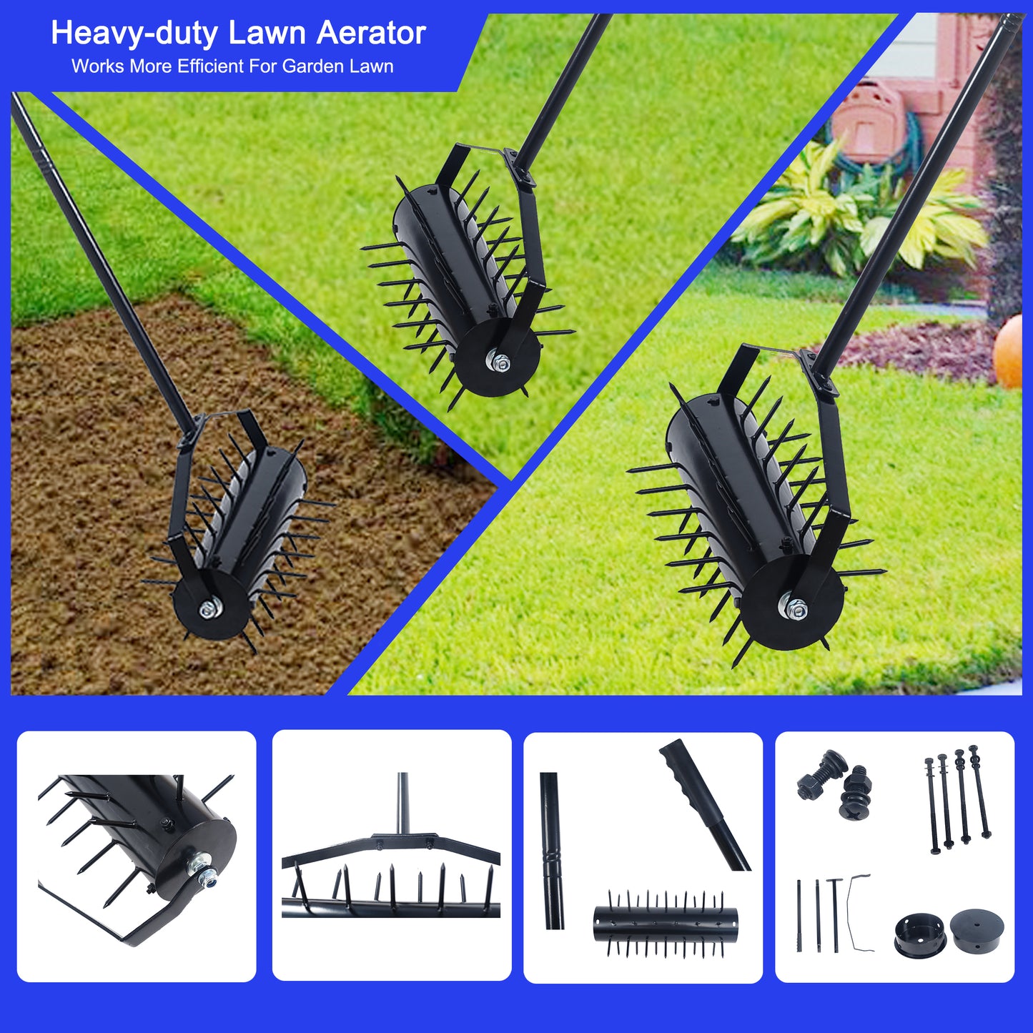 Black metal lawn aerator with rotating spiked drum for garden maintenance