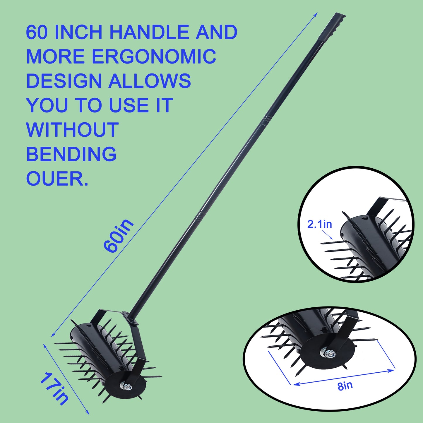 Black steel lawn aerator roller with inch handle inch width and inch roller diameter