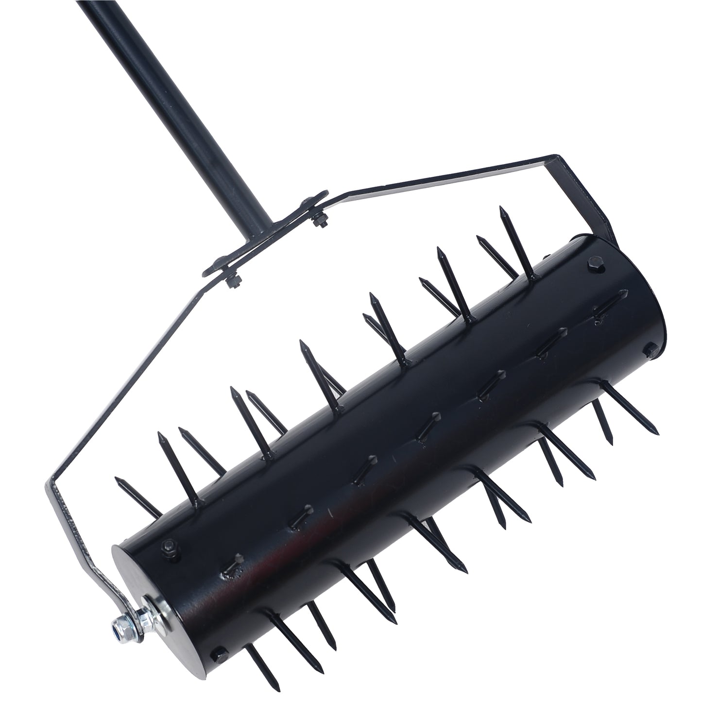 Black metal lawn aerator roller with sharp spikes for garden use