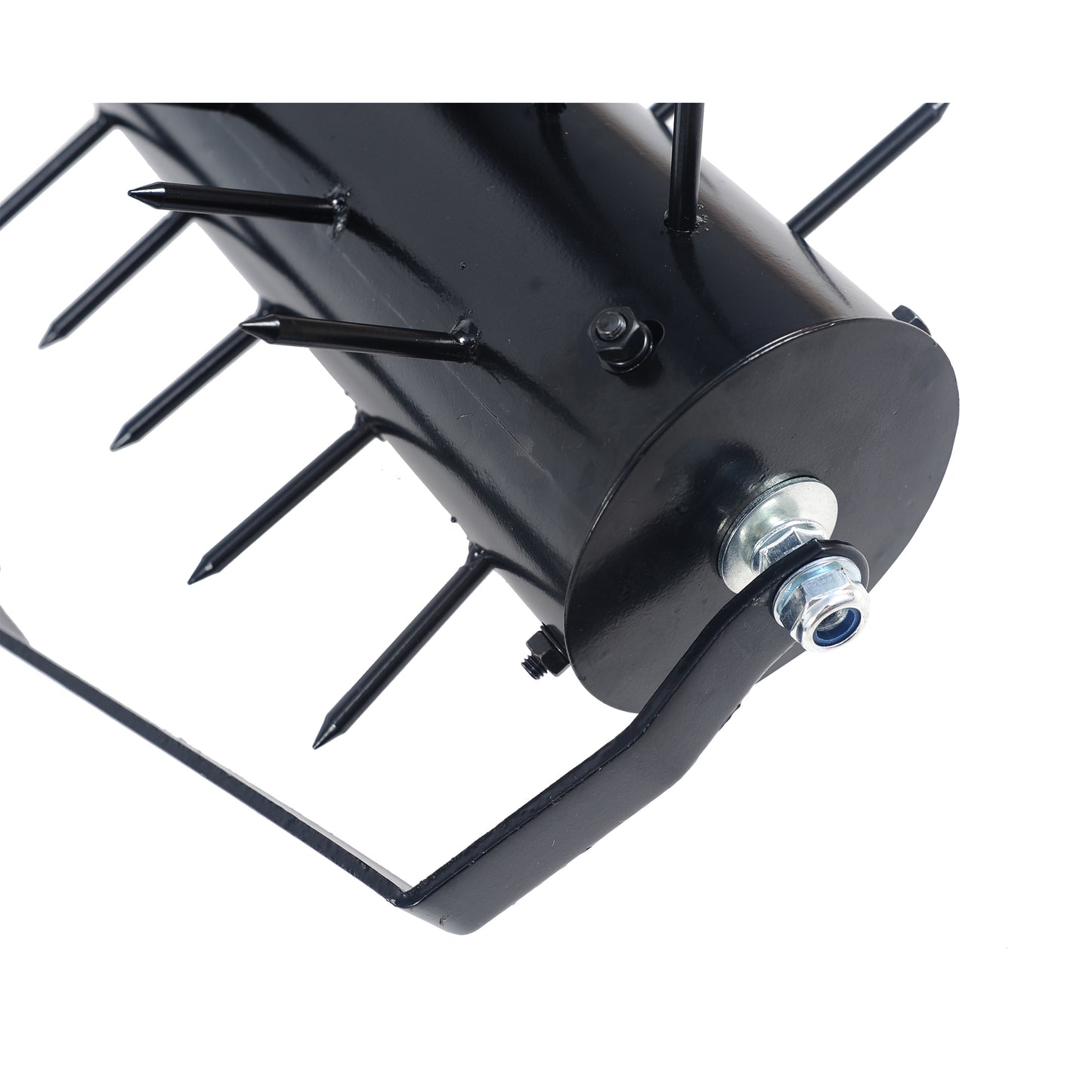 Black steel lawn aerator roller with sharp spikes for effective soil aeration