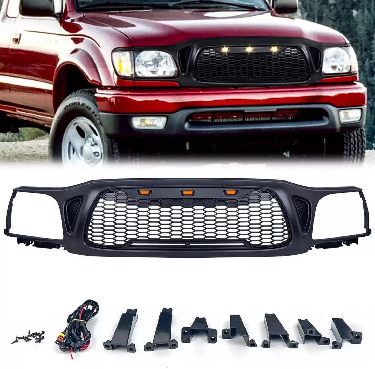 Black honeycomb grille with amber LED lights for Tacoma