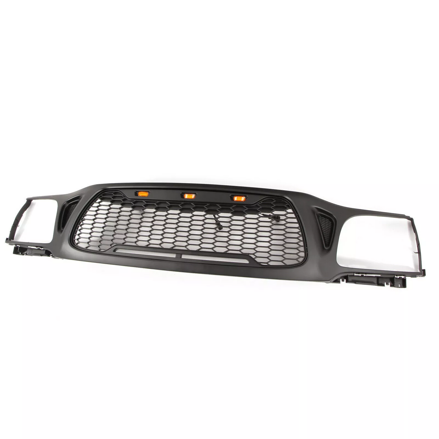 Black mesh grille with three amber LED accent lights for truck front end