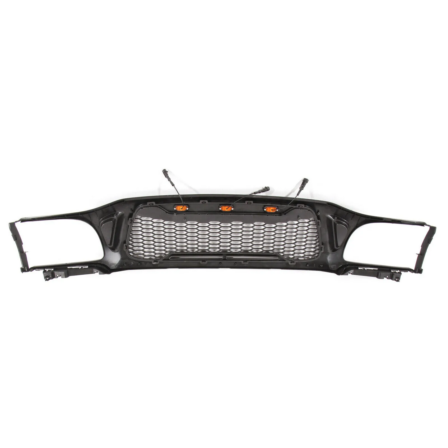 Black custom truck grille with honeycomb insert and amber LED marker lights