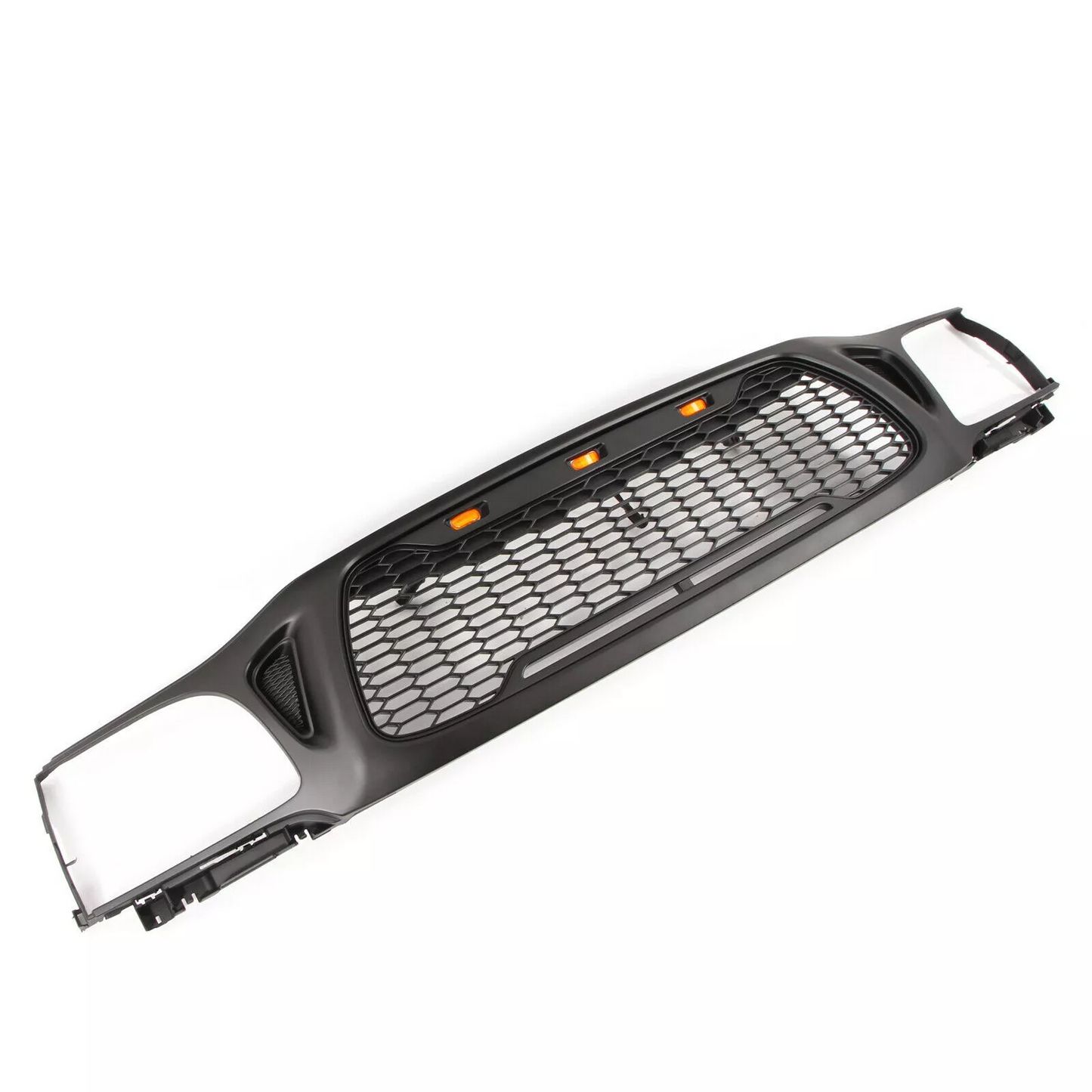Black honeycomb front grille with integrated amber LED lights for trucks