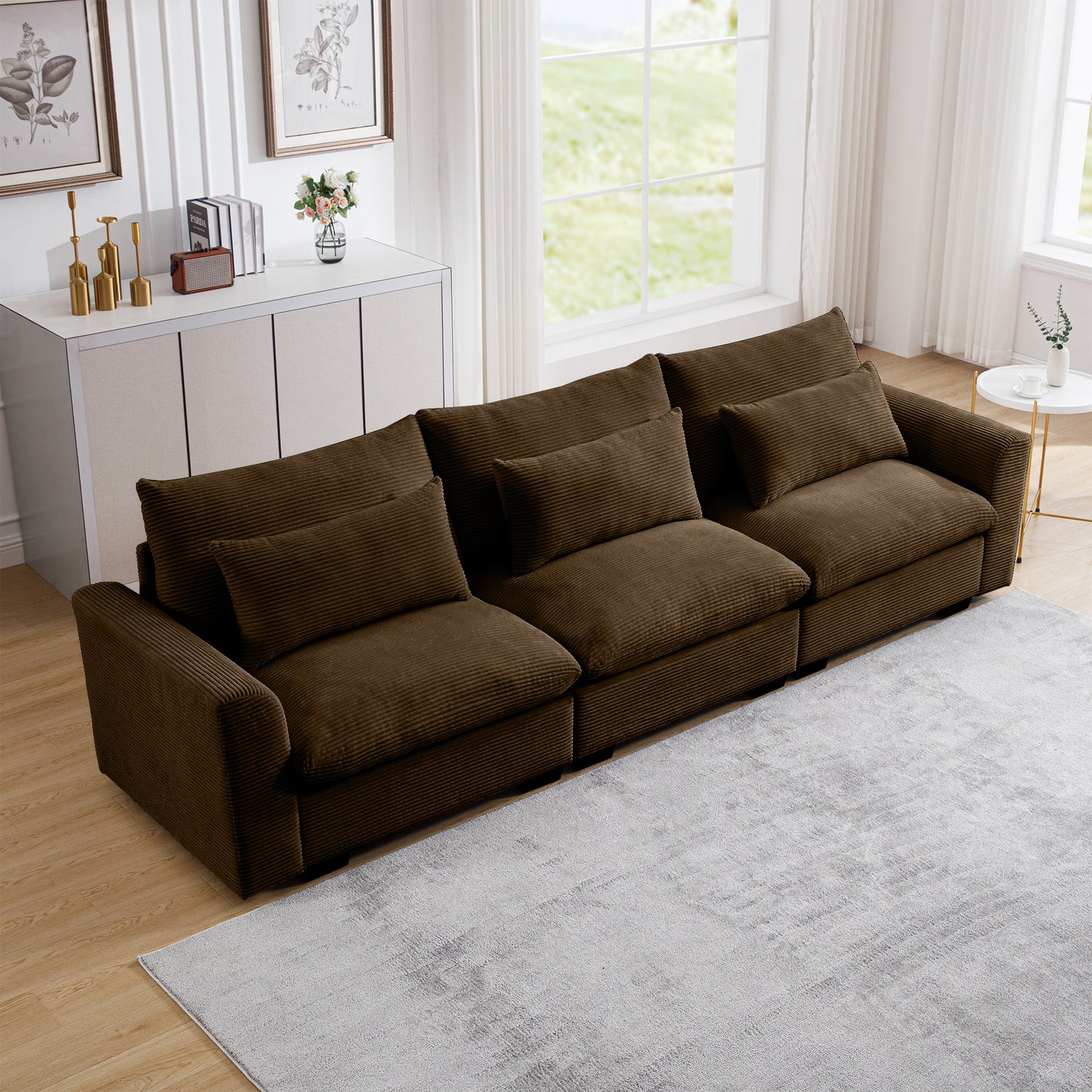 Spacious dark brown corduroy sectional sofa with plush cushions perfect for modern living rooms