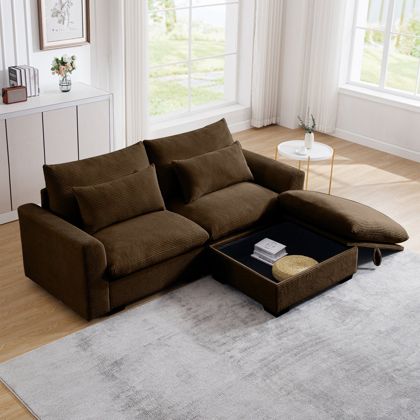 Brown corduroy sectional sofa with open storage chaise for living room comfort