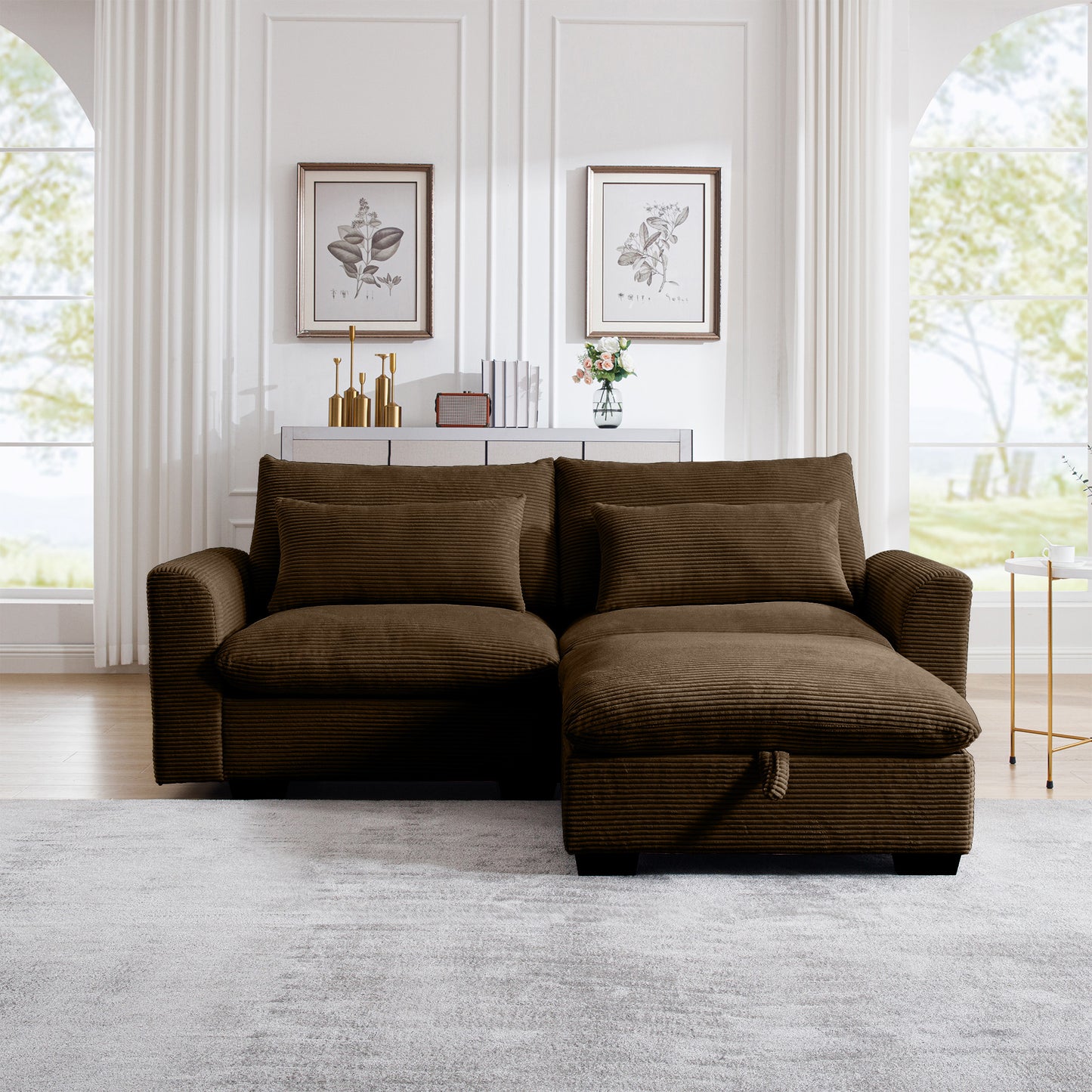 Brown corduroy sectional sofa with chaise and storage