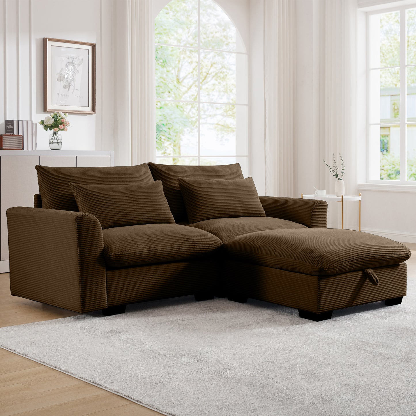Brown corduroy sectional sofa with chaise lounge and ample cushioning