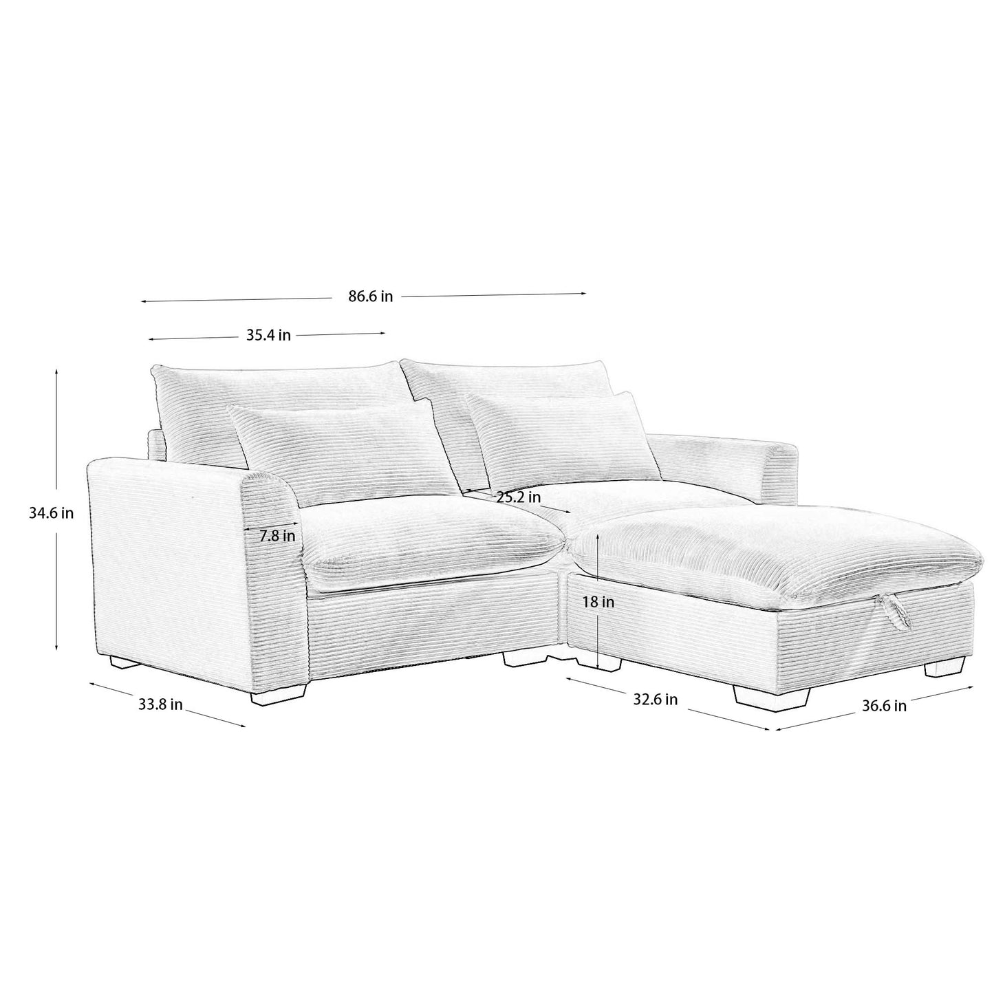 Diagram of a charcoal grey corduroy sectional sofa with storage chaise measuring inches wide
