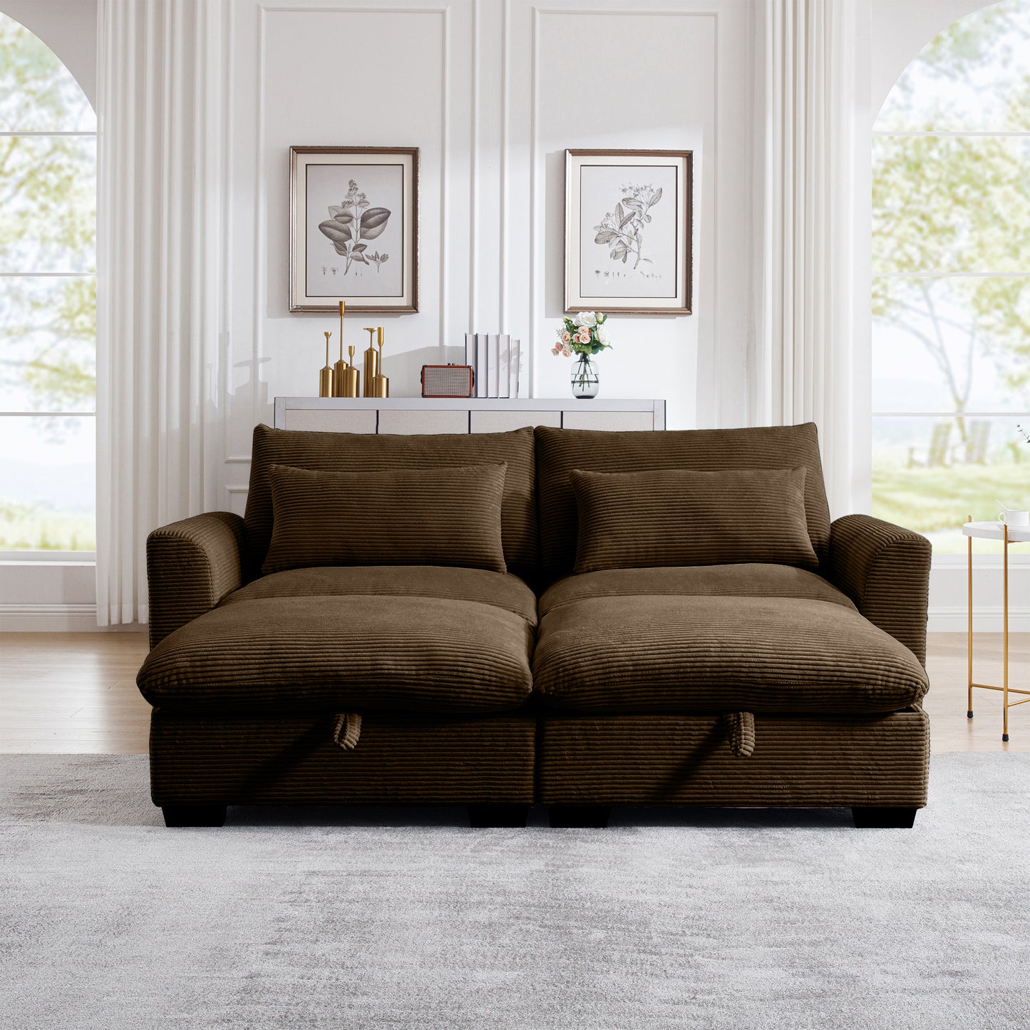 Brown corduroy sectional sofa with plush cushions perfect for living rooms