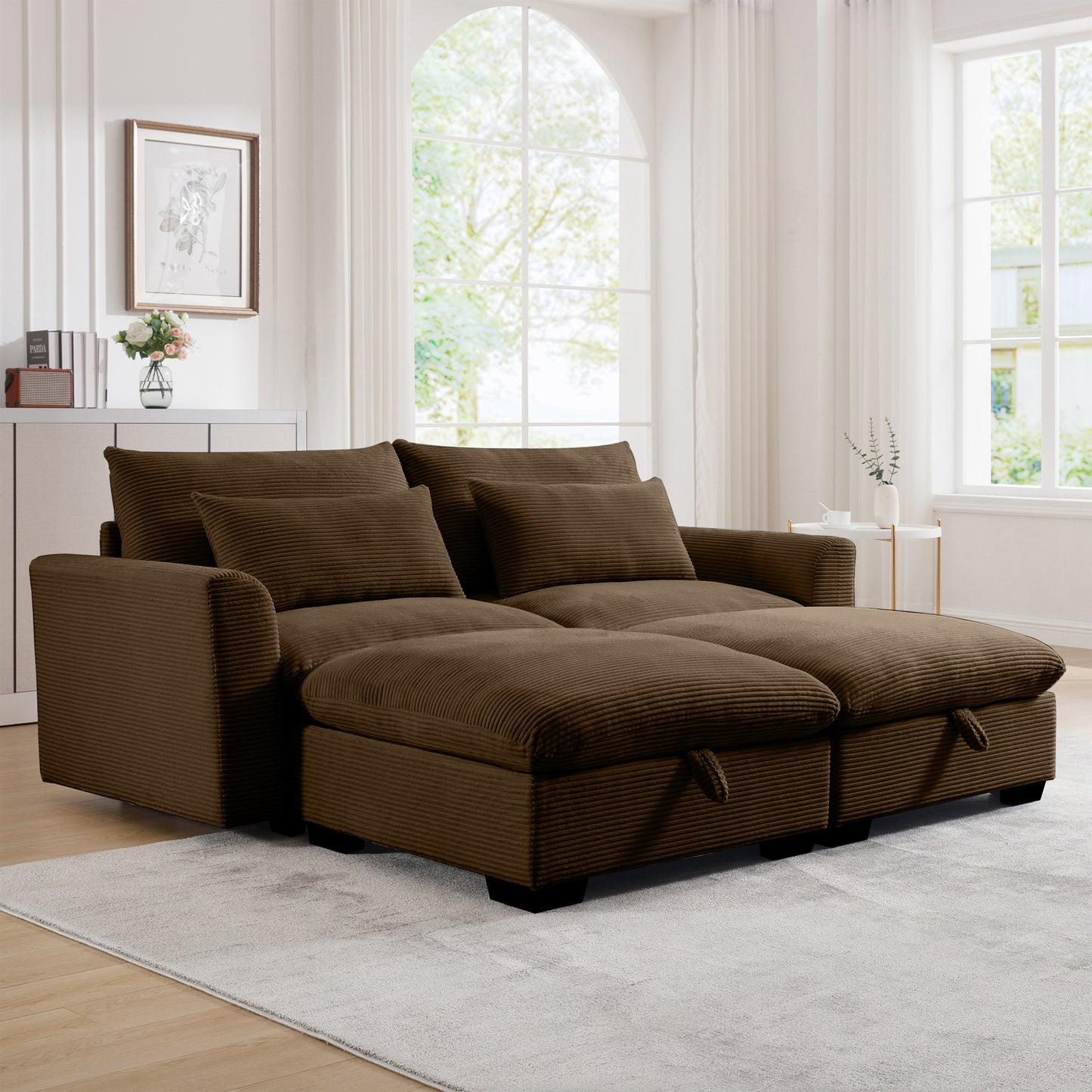 Brown corduroy sectional sofa with chaise and storage