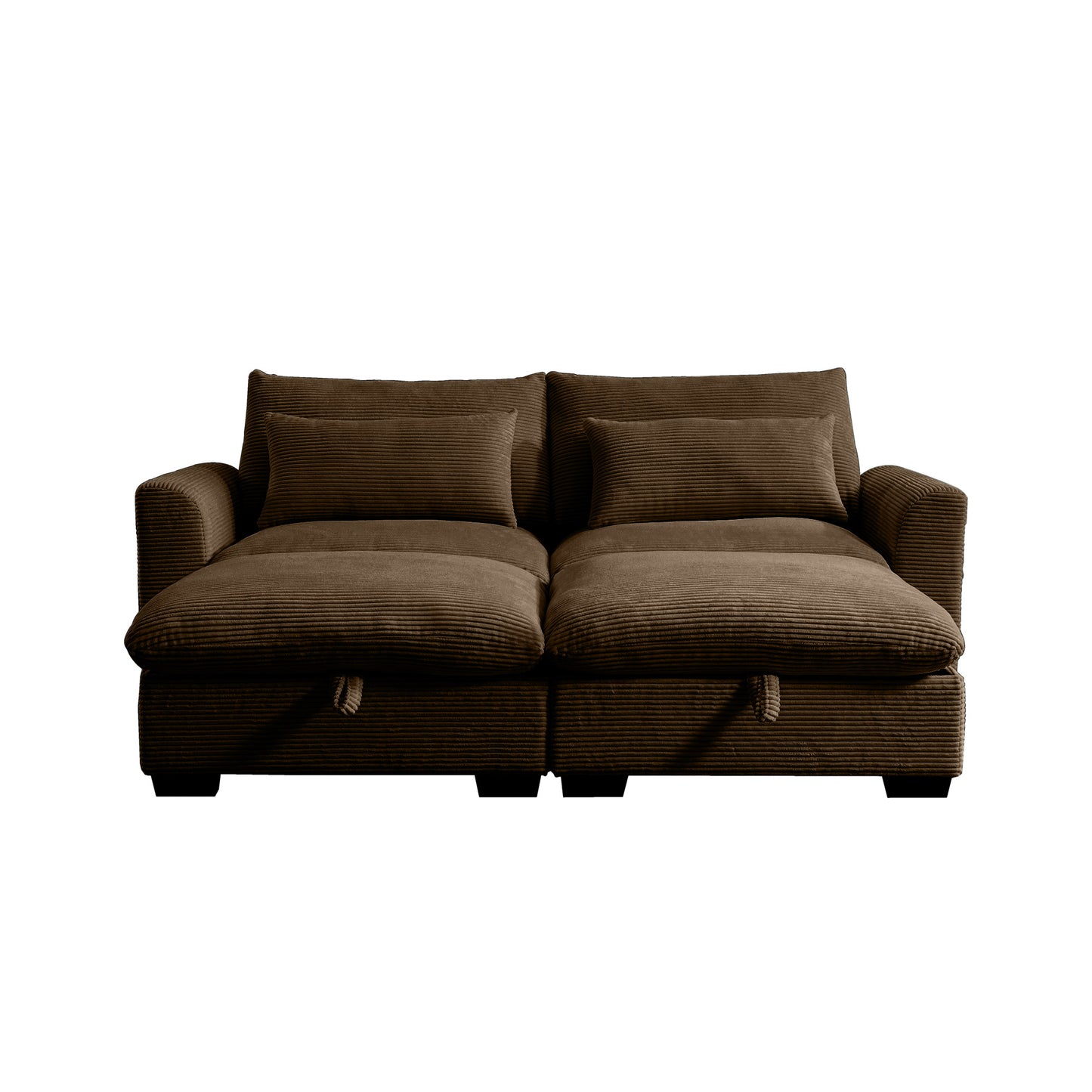 Brown corduroy sectional sofa with plush cushions and pull tabs for storage