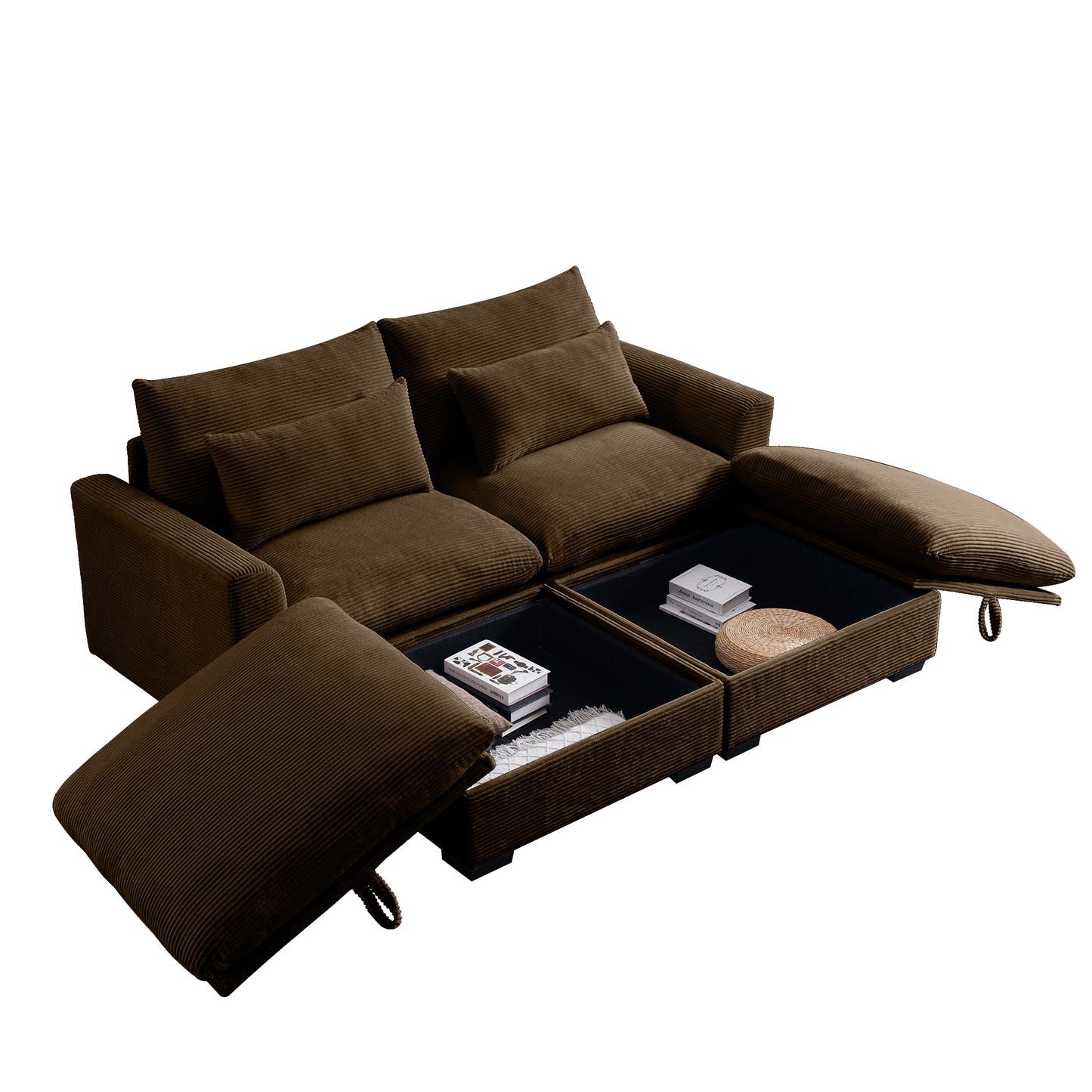 Brown corduroy sectional sofa with hidden storage compartments and plush cushions