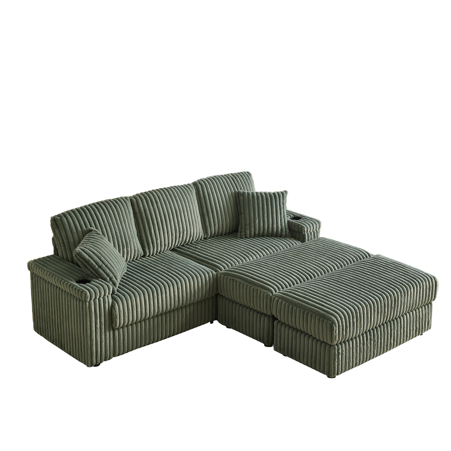 Sage green corduroy sectional sofa with ottoman and cup holders