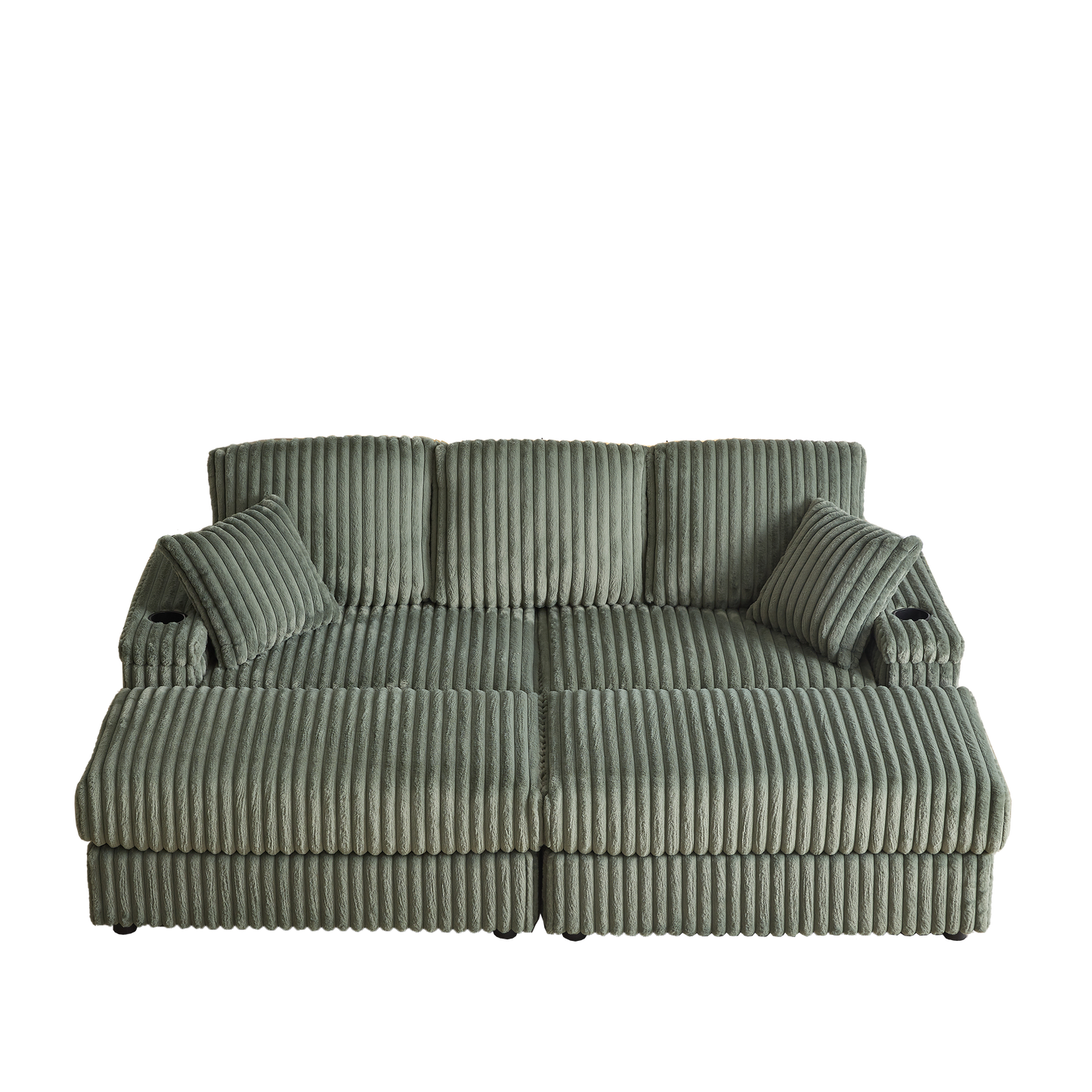 Sage green corduroy sofa with deep channel tufting and builtin cup holders