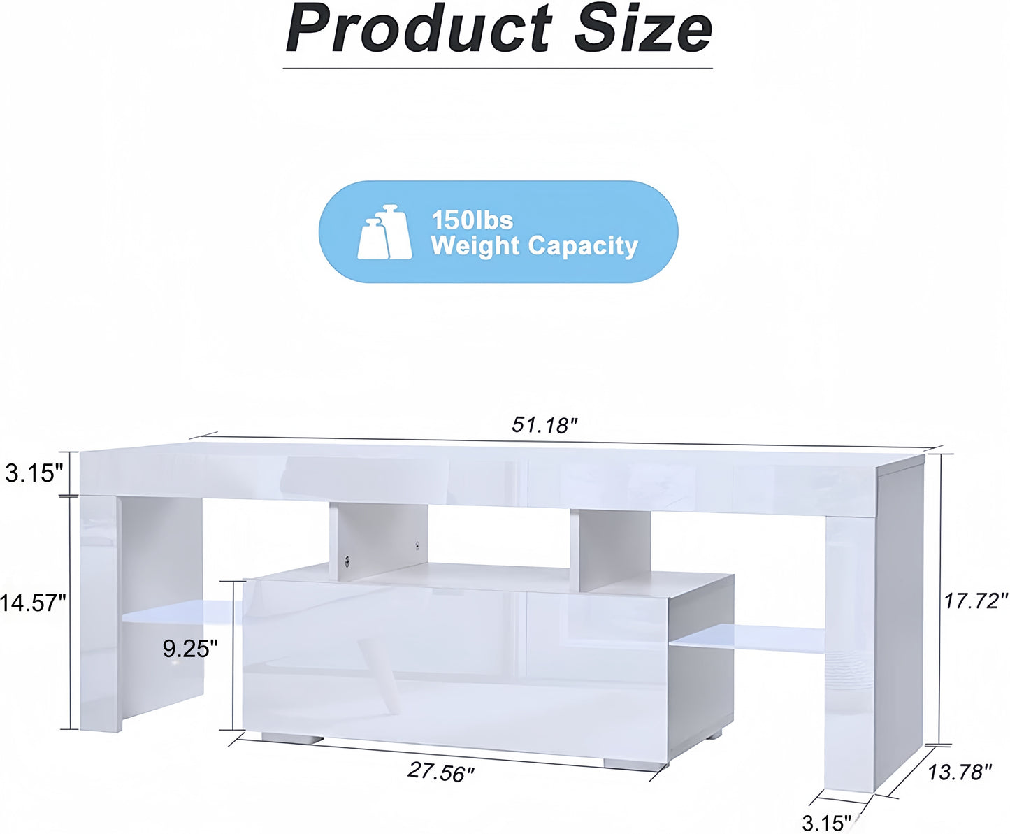 White high gloss media console with open shelves and drawers dimensions xx inches