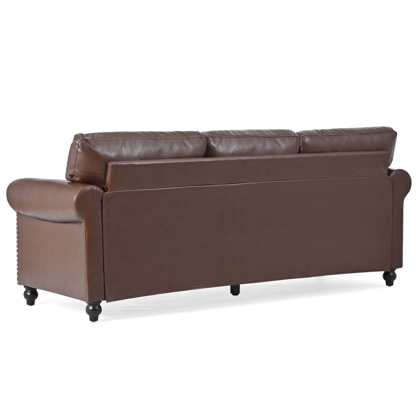 Classic brown faux leather sofa with nailhead trim and turned legs ideal for living rooms