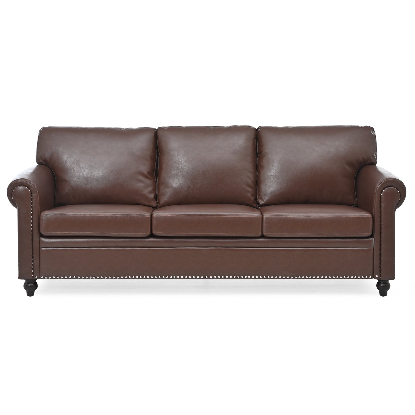 Brown leather sofa with nailhead trim classic style