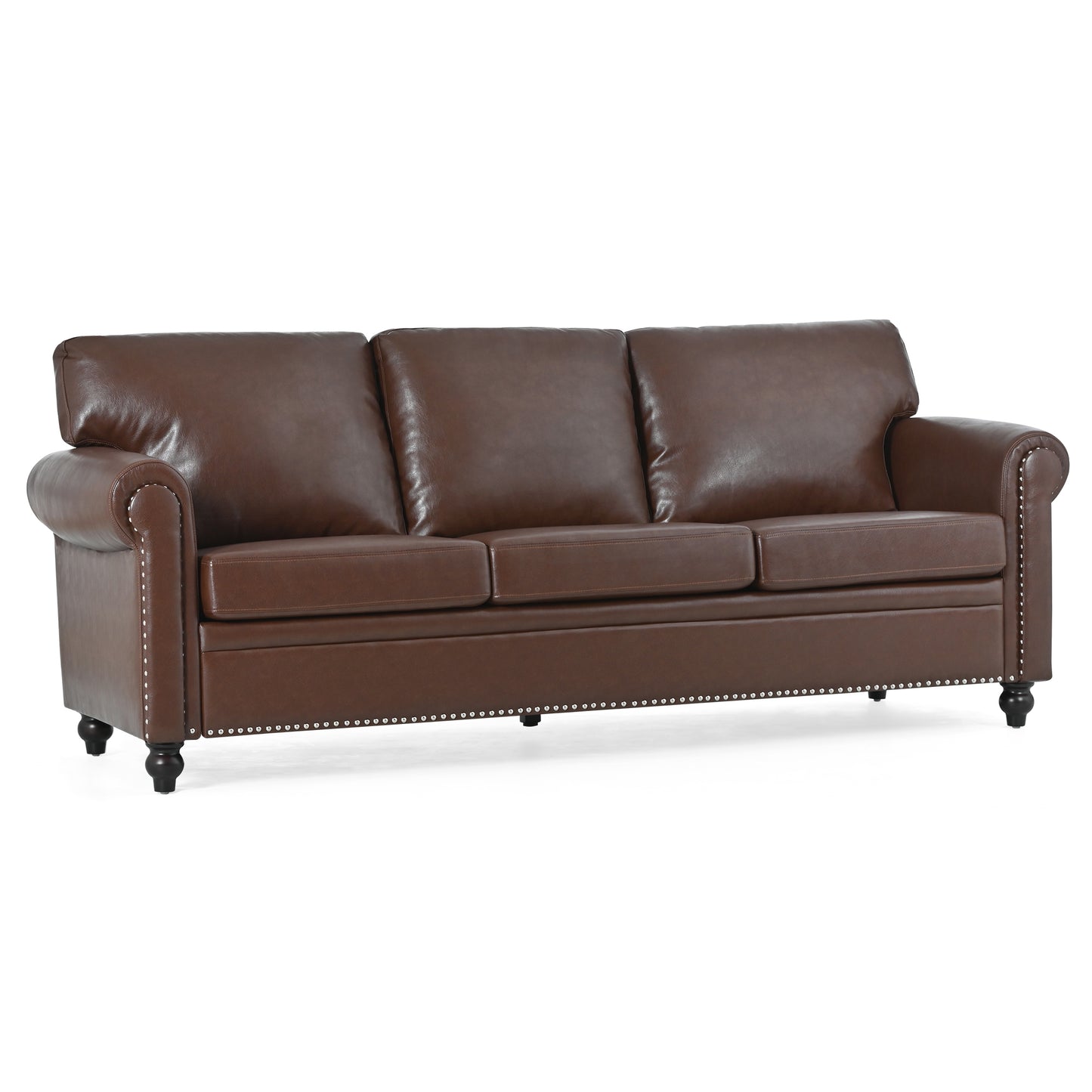 Brown leather chesterfield sofa with rolled arms and decorative nailhead trim