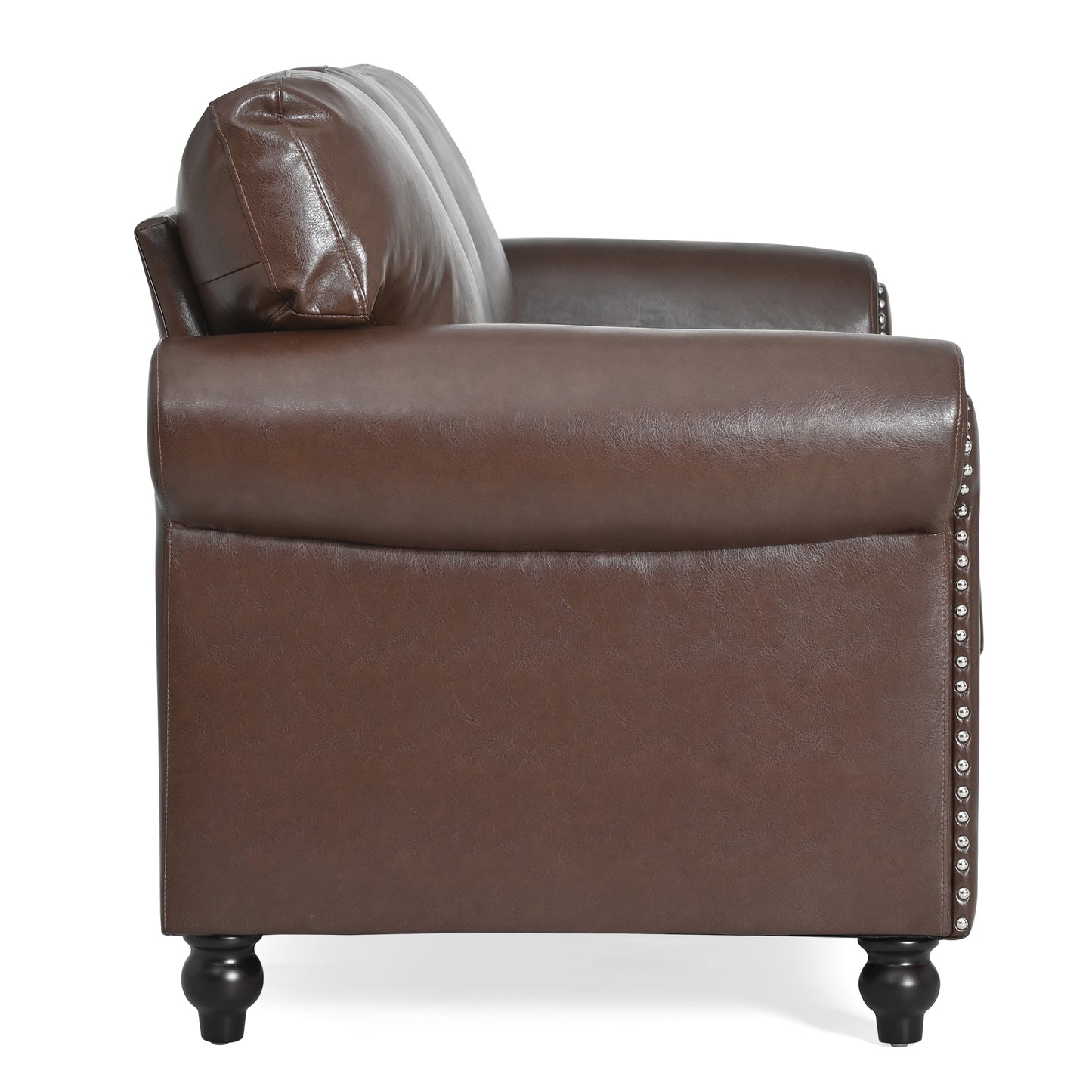 Brown faux leather armchair with rolled arms and silver nailhead trim