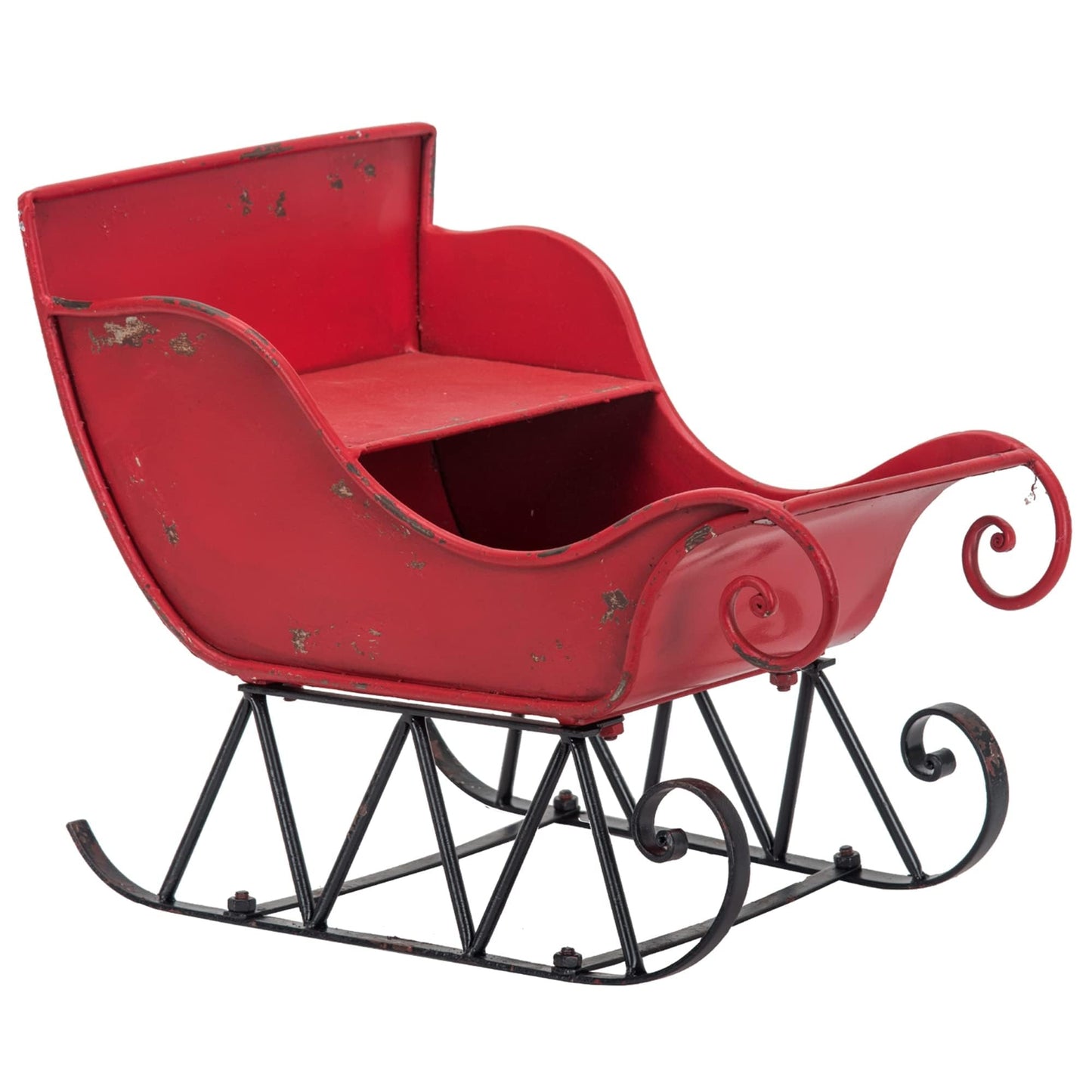 Red distressed metal Christmas sleigh with scrolled iron base perfect for holiday decor