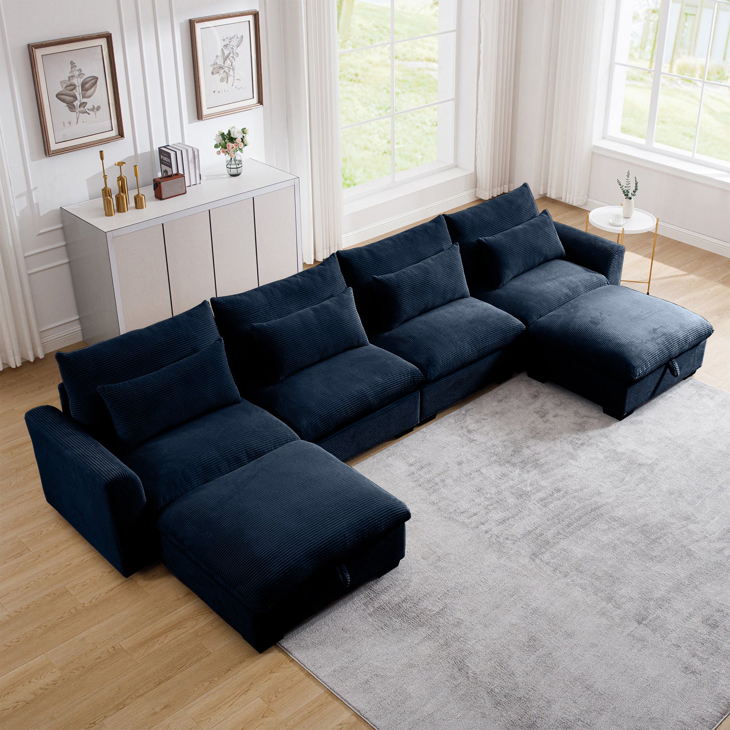 Deep navy corduroy sectional sofa with plush cushions and chaise lounge
