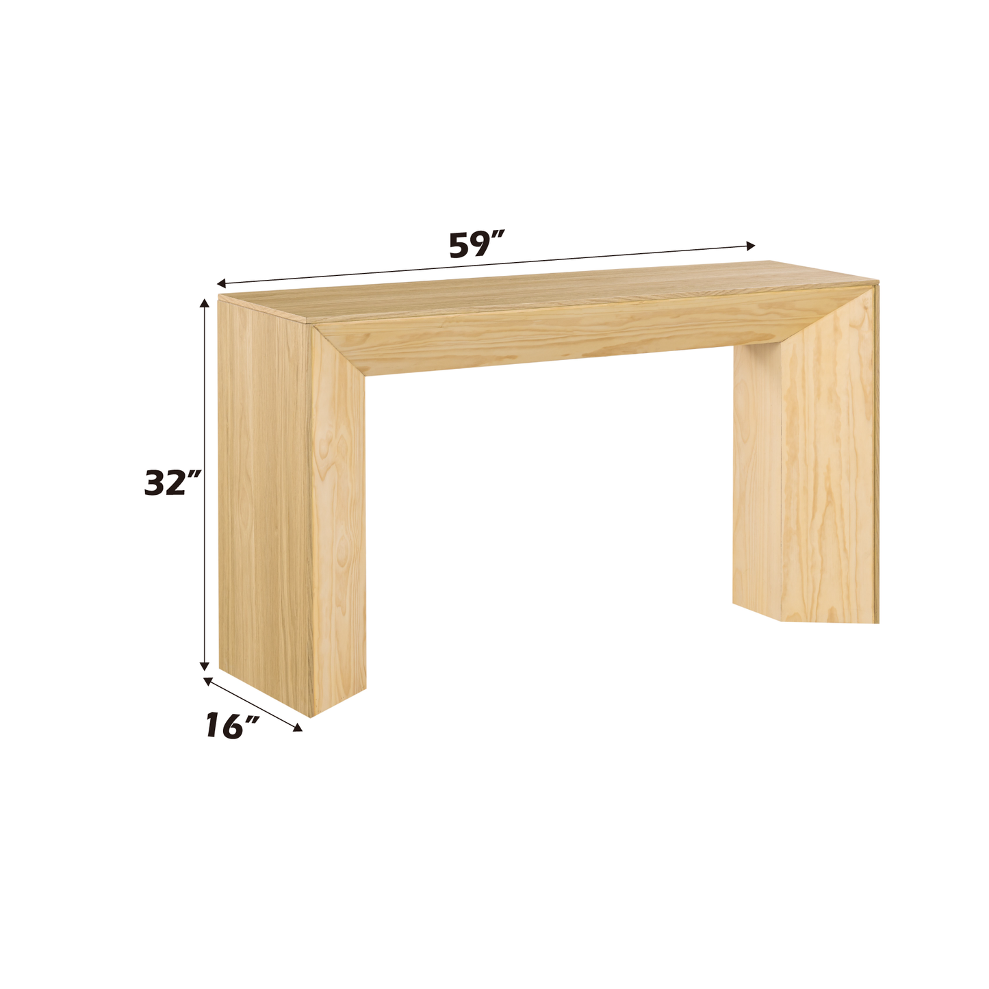 Light wood console table with waterfall design L x H x D