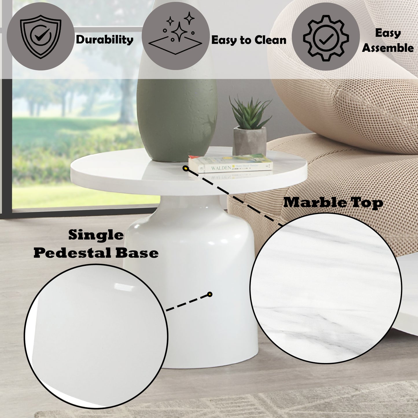 Modern white marble top end table with single pedestal base