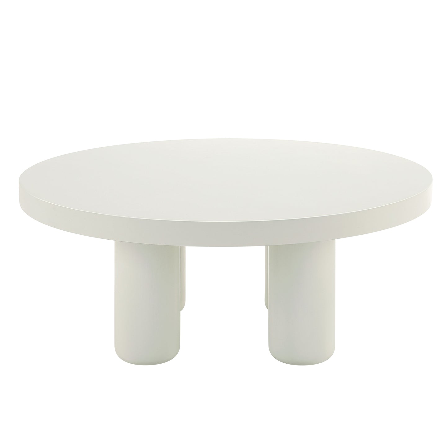 Round white coffee table with four cylindrical legs