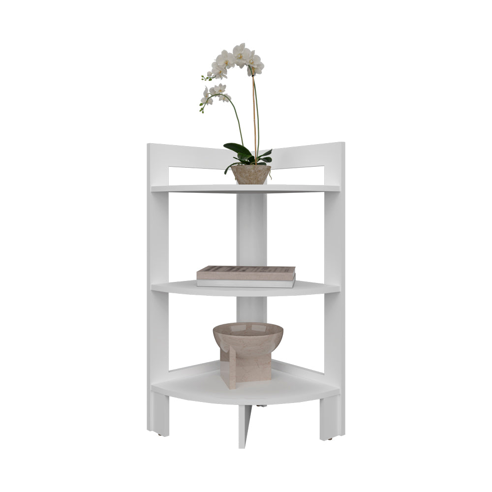 White tier corner shelf with faux orchid and decorative bowl