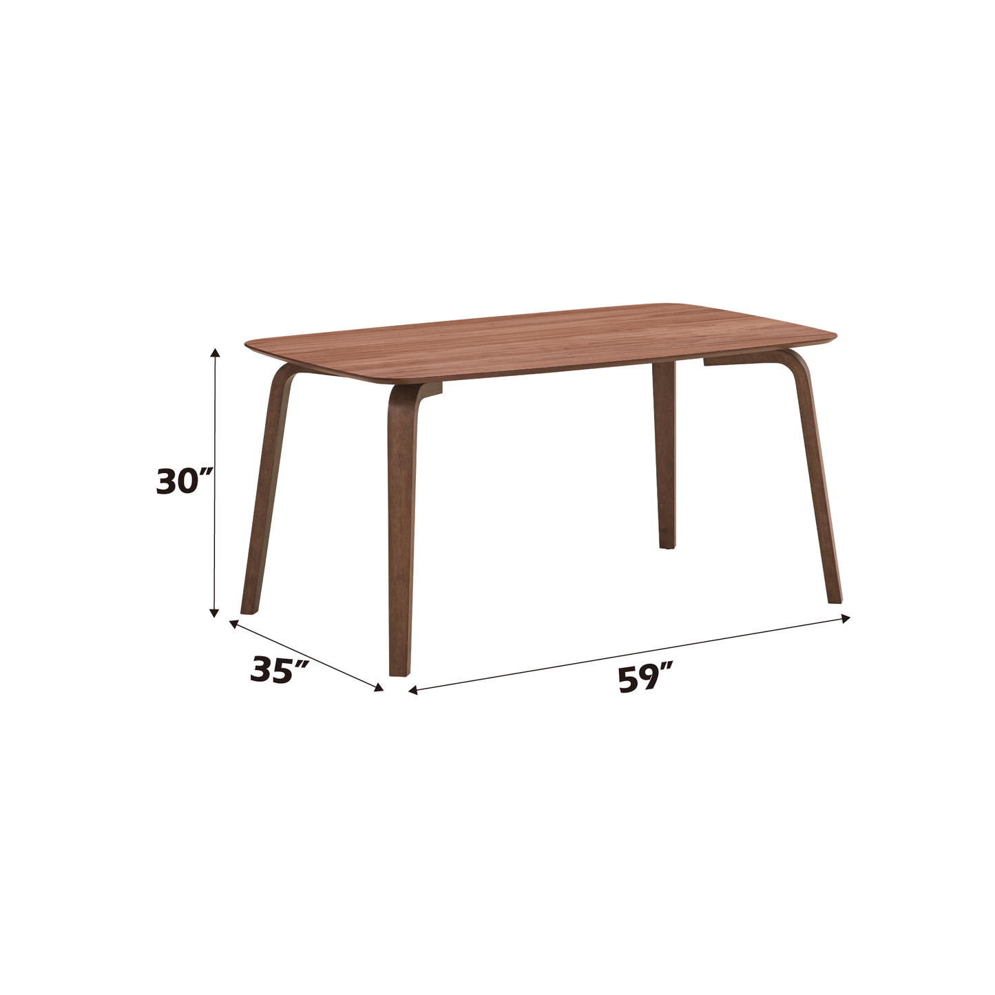 Midcentury modern walnut dining table with curved legs and rounded edges