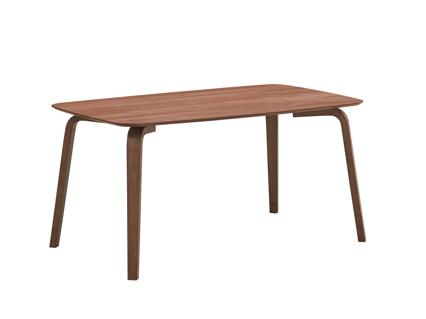 Midcentury modern dining table with rounded edges and a rich walnut finish