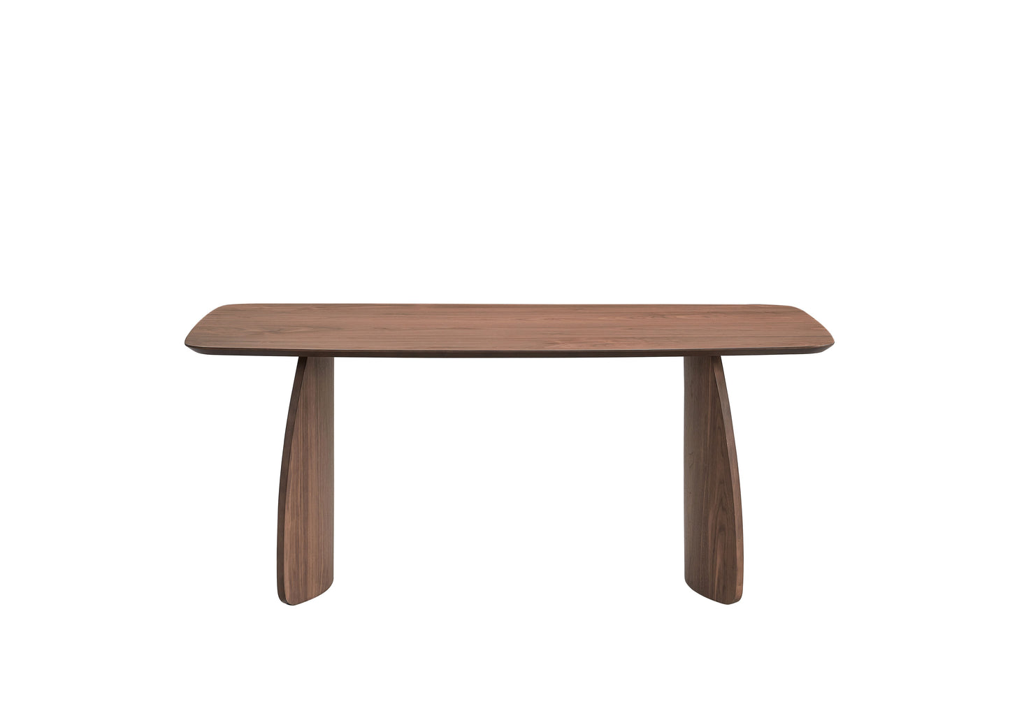 Modern dark walnut dining table with curved legs and rounded edges