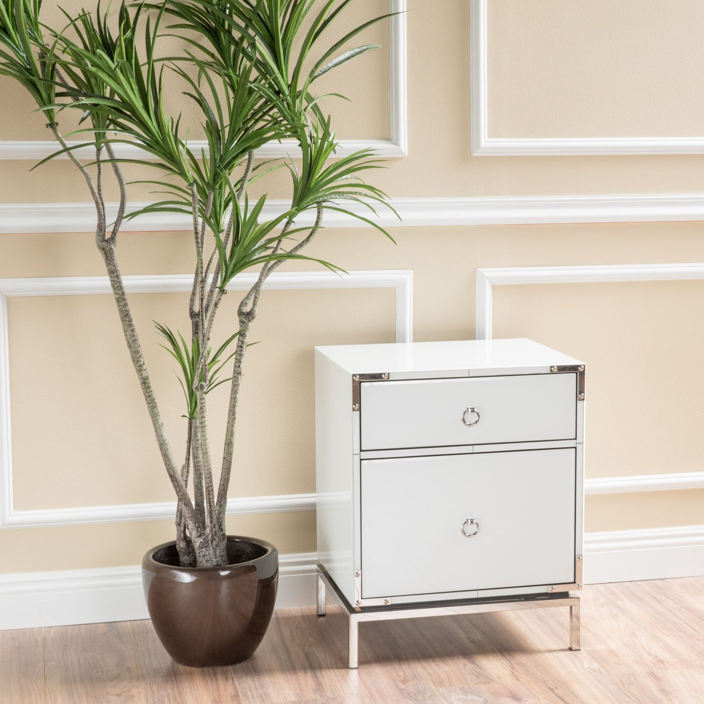 White mirrored bedside table with two drawers and silver ring pulls