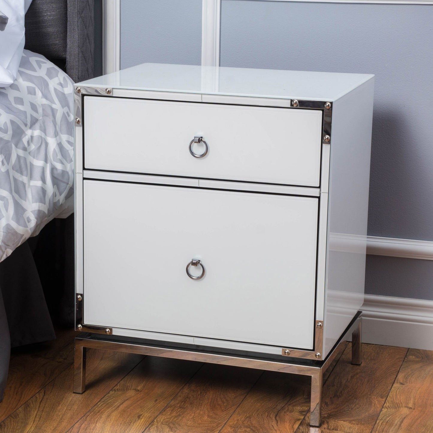 White mirrored nightstand with two drawers and silver ring pulls