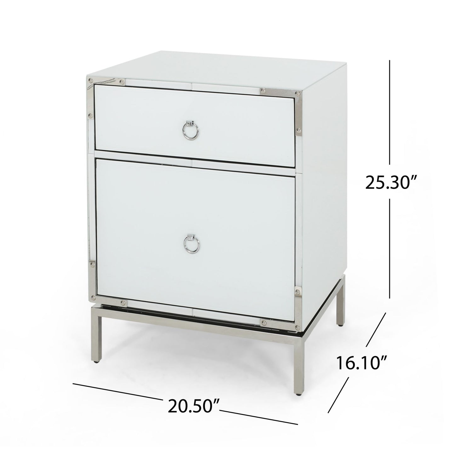 Mirrored white nightstand with two drawers and silver ring pulls