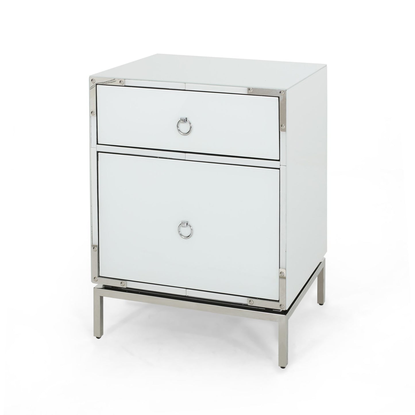 White mirrored nightstand with two drawers and silver ring pulls on metal legs