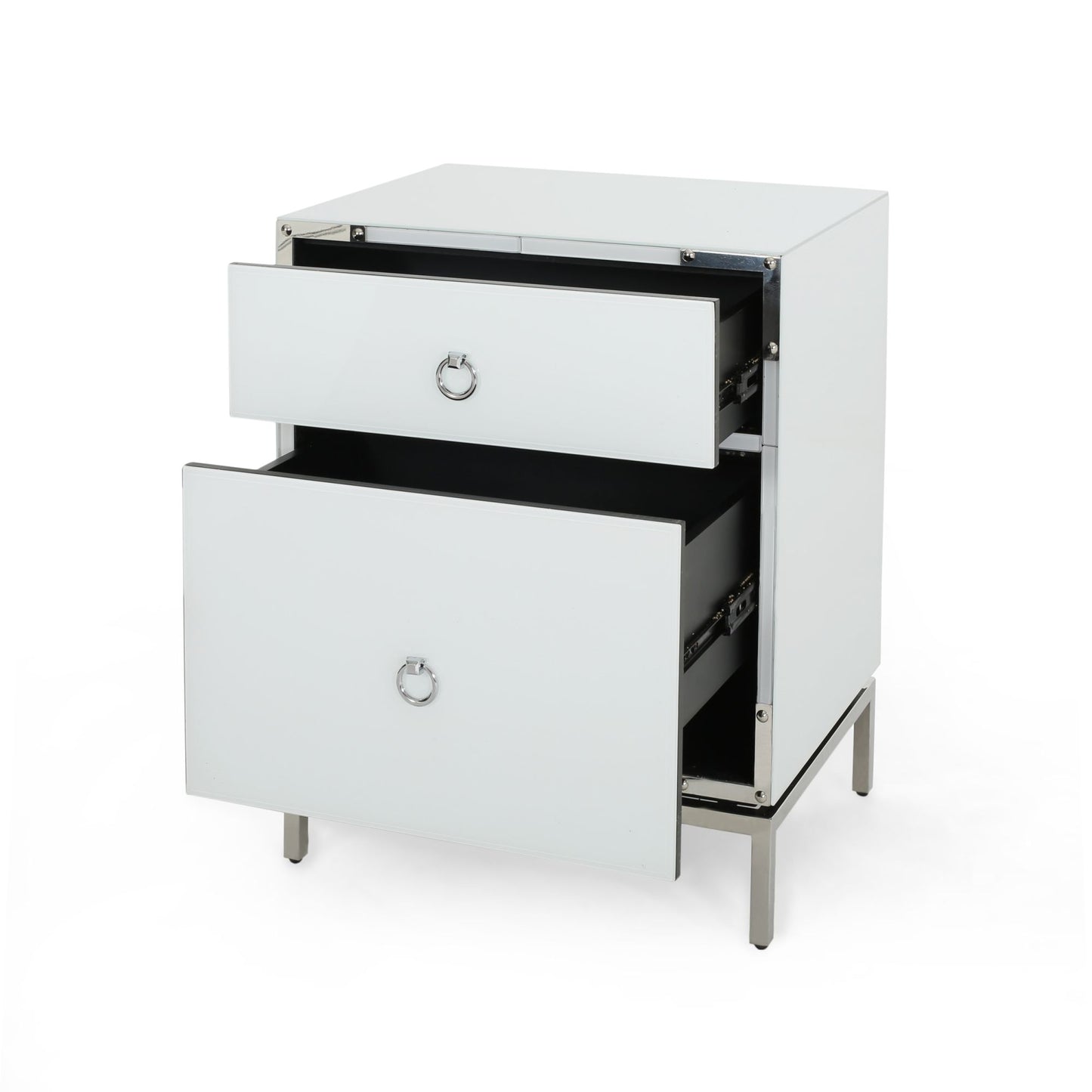 White mirrored nightstand with silver ring pull