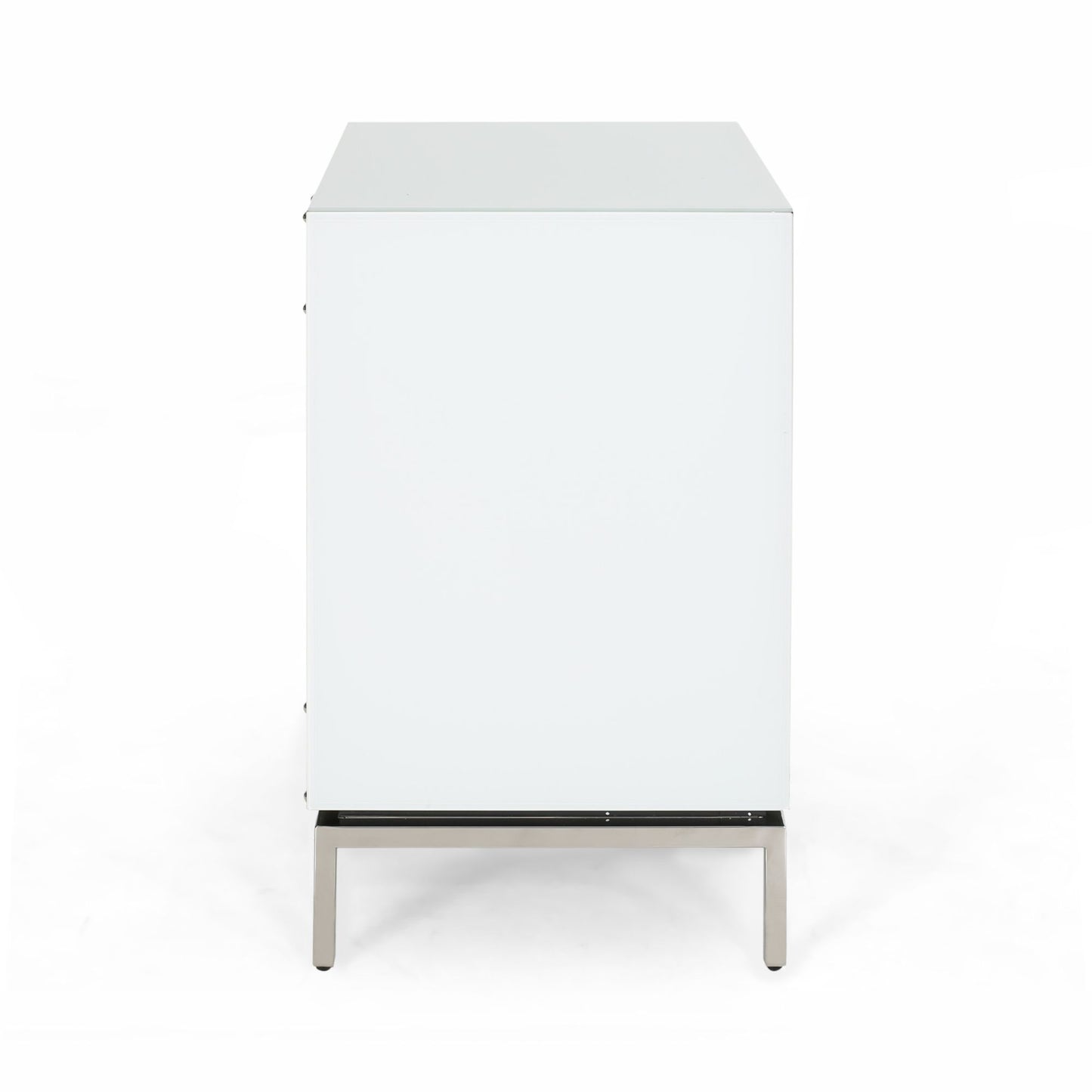 Sleek white high gloss dresser with modern silver legs
