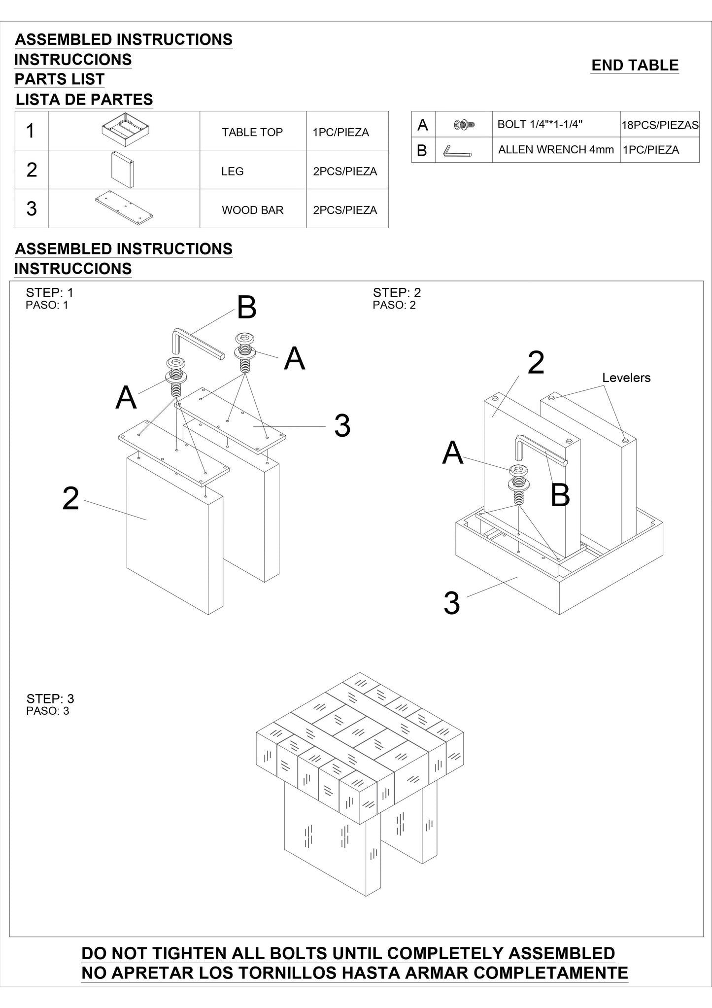 End table parts list table top leg and wood bar components for assembly