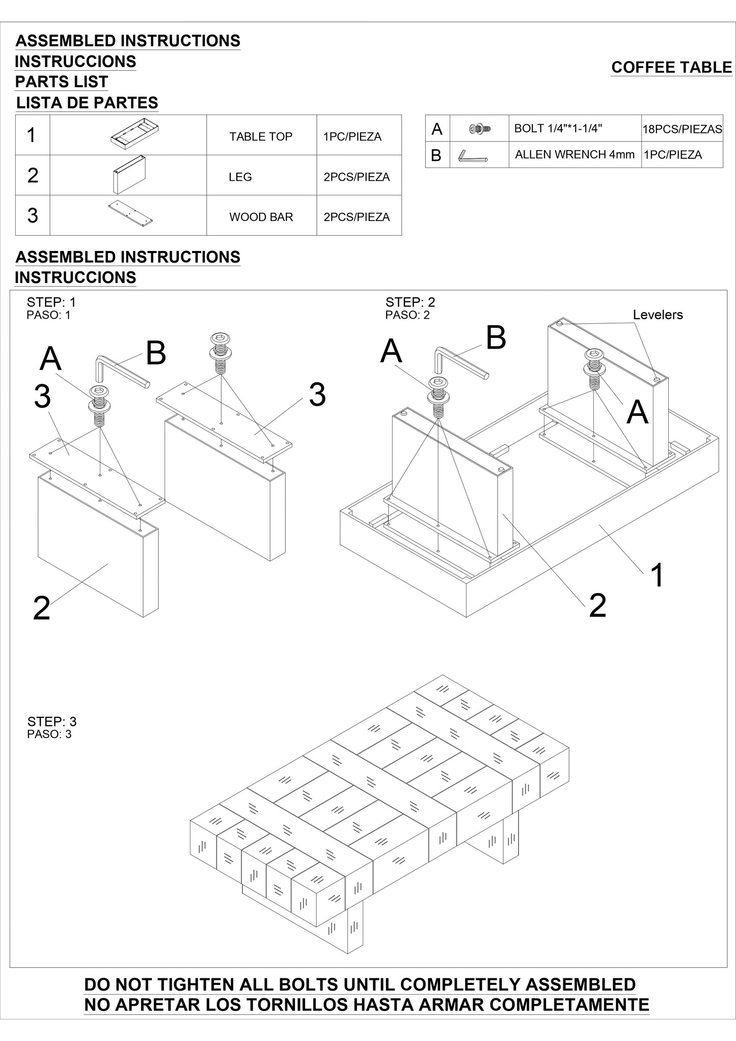 Coffee table assembly instructions showing parts list with labeled components