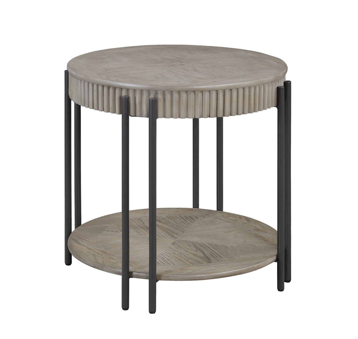 Round wooden side table with fluted detail and matte black metal legs