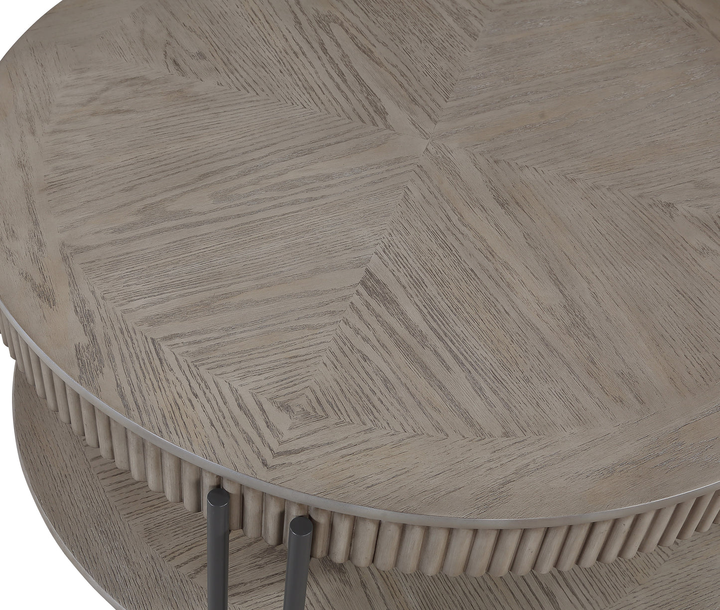 Round ash wood coffee table with detailed parquet top and fluted base modern design