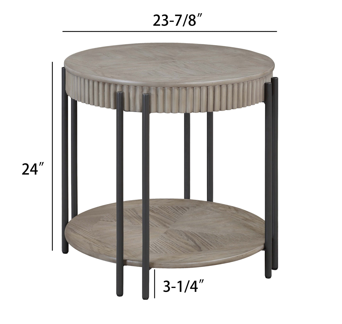 Round twotier end table with distressed wood finish and dark metal legs