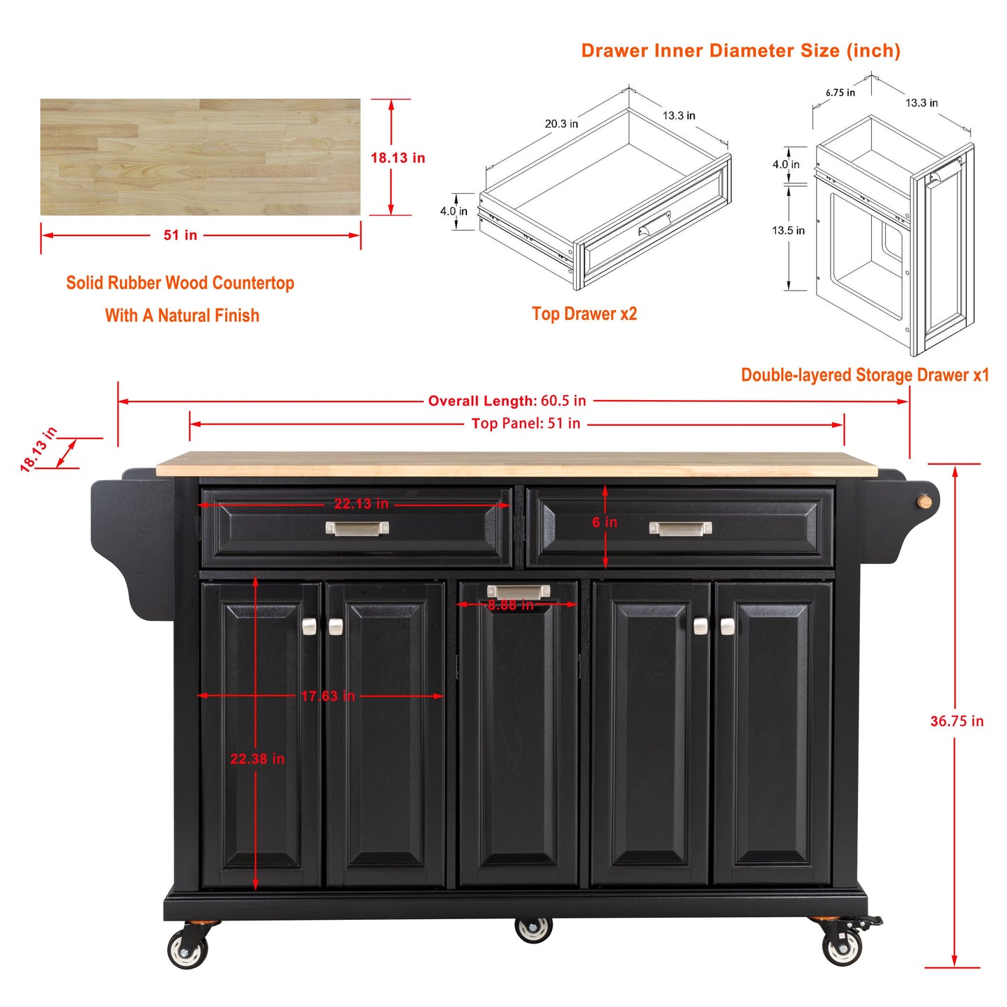 Black kitchen island with rubber wood countertop and duallayered storage drawer
