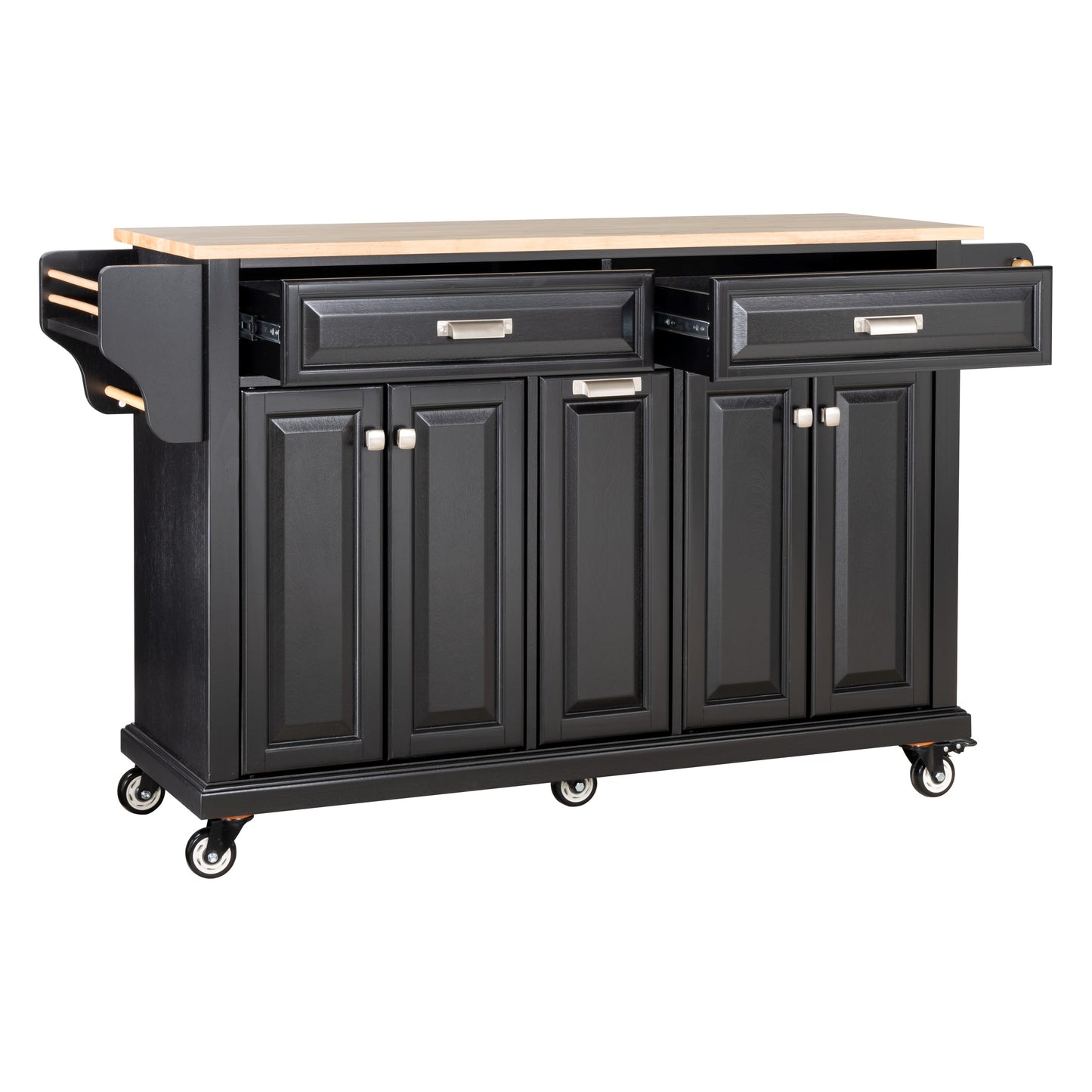 Black kitchen island cart with butcher block top and storage cabinets