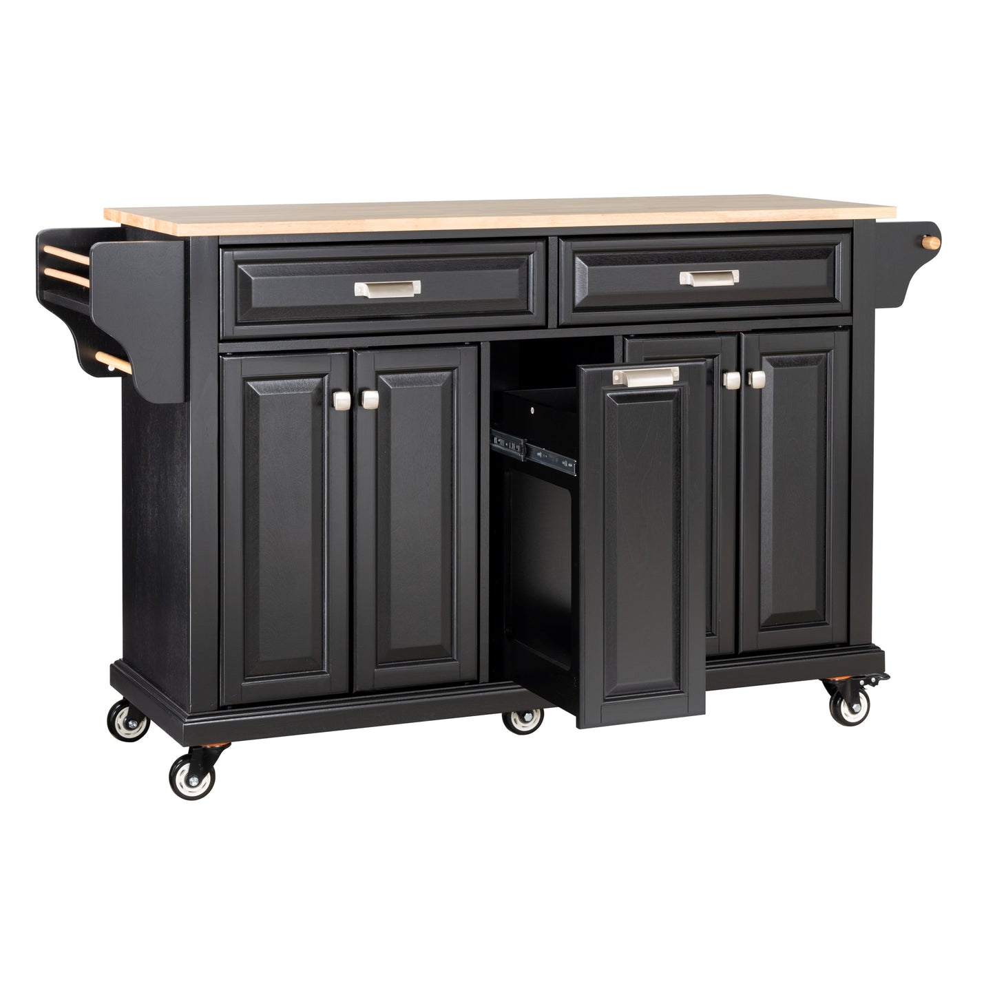 Black kitchen island with butcher block top drawers and cabinet storage on wheels