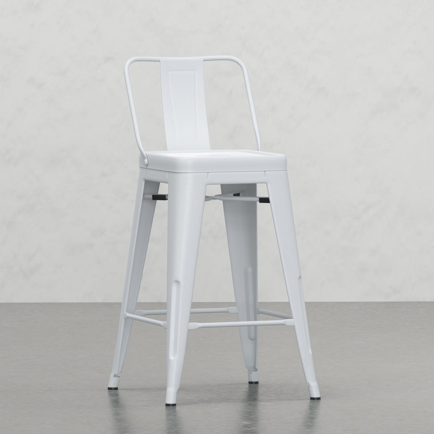 White metal bar stool with a backrest and footrest