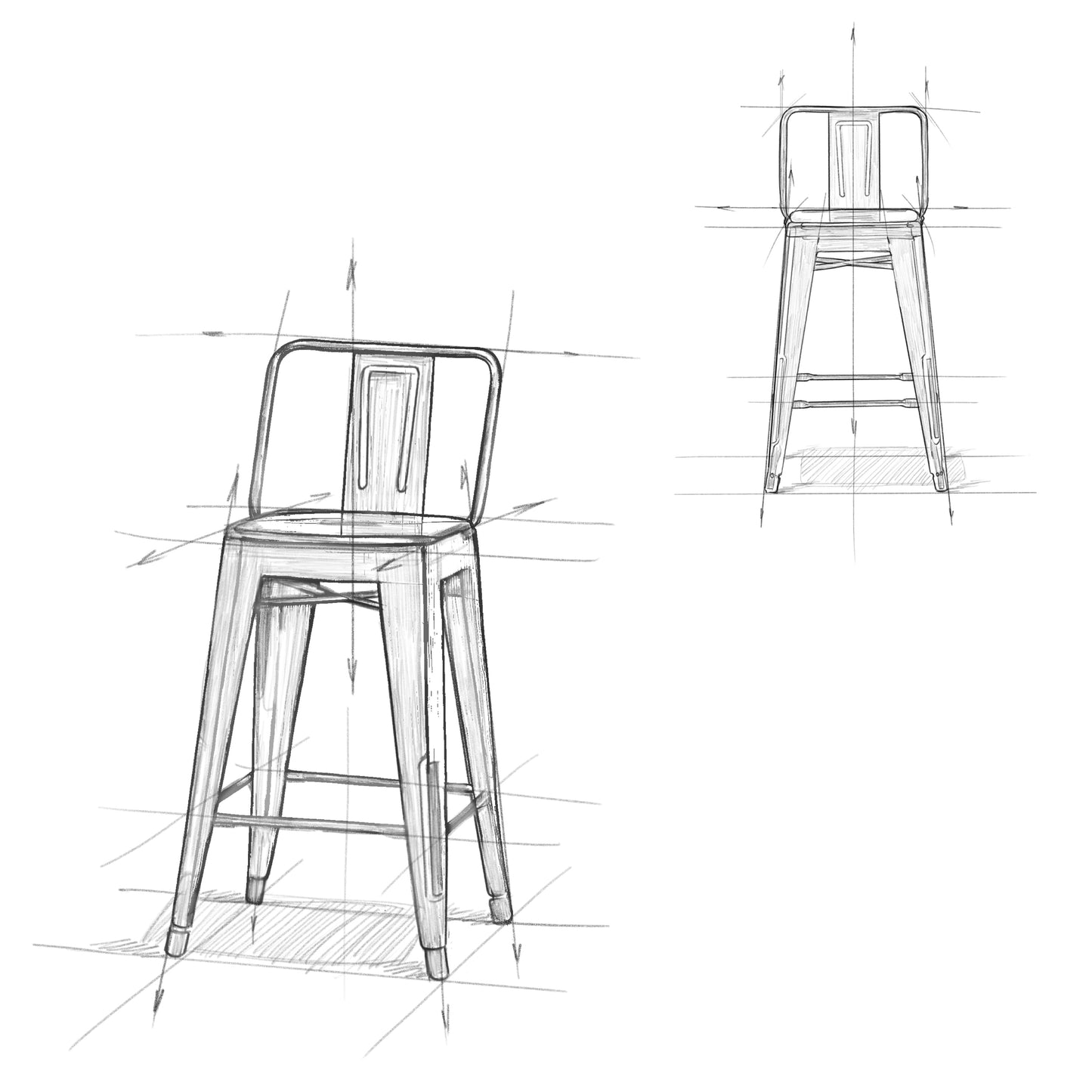 Sketch of a rustic metal bar stool with a slatted back and footrest