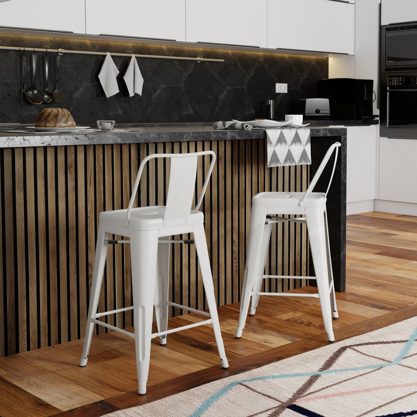 White metal industrial bar stool with a curved backrest perfect for kitchen counters